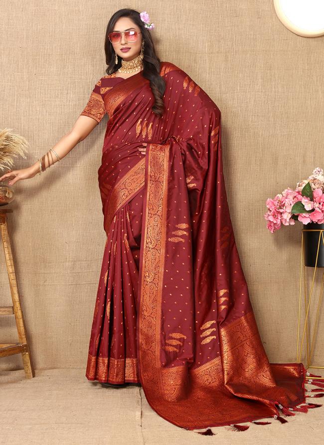 Soft Silk Maroon Festival Wear Zari Work Saree